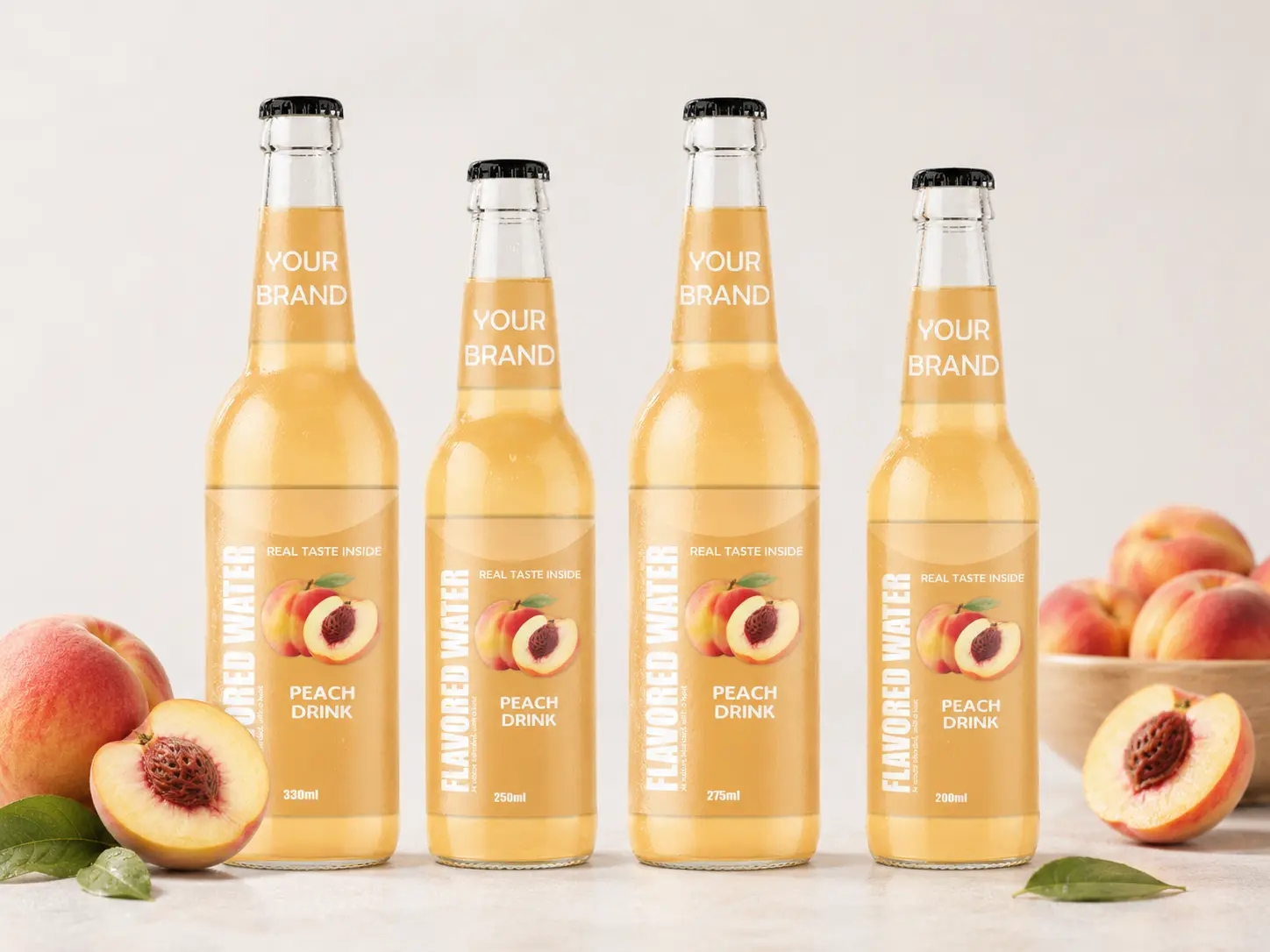 FLAVORED WATER Peach flavour in 200ml, 250ml, 275ml and 330ml glass bottles.